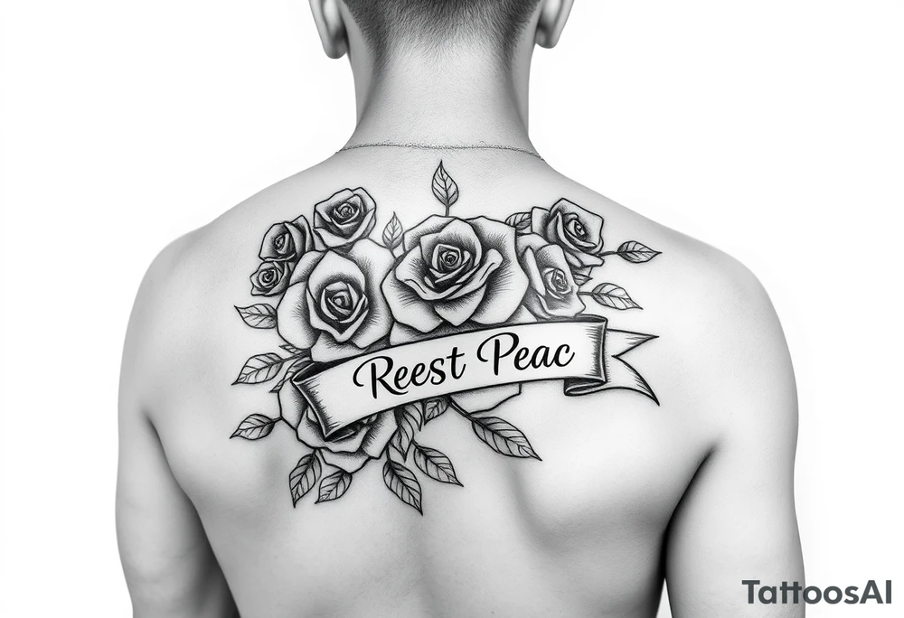 Hip hop religious rest in peace with roses and a banner for a name arm tattoo tattoo idea