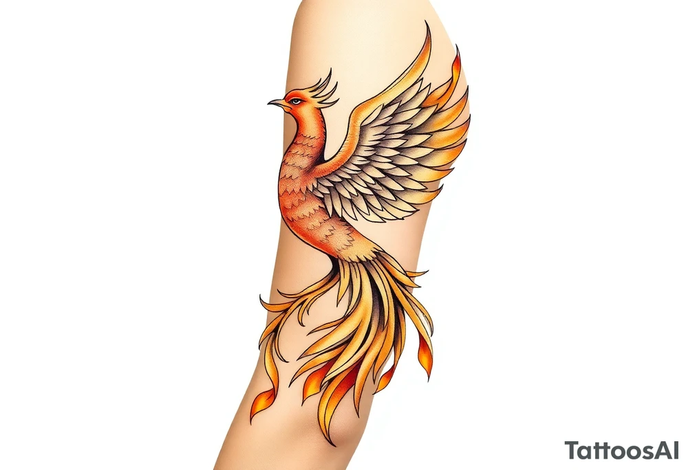 magnificent phoenix rising from golden flames with trailing embers tattoo idea