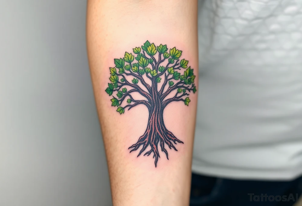 A majestic oak family tree with deep brown roots and lush green leaves tattoo idea