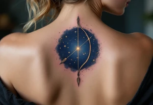 A Sagittarius bow and arrow with the star constellation embedded surrounded by midnight blue. tattoo idea