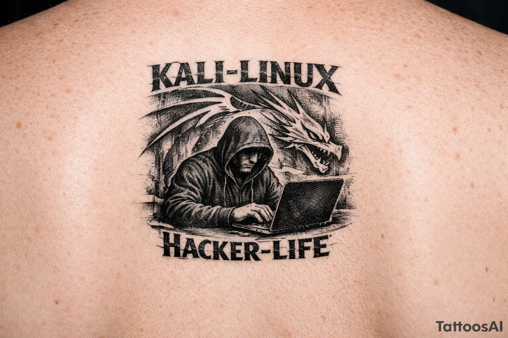 the kali linux dragon in the background of a hacker in black hoodie sitting behind a laptop hacking with the words Kali-Linux accross the top and Hacker-Life accross the bottom and the letters need to be in hacker colors tattoo idea