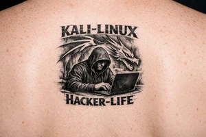 the kali linux dragon in the background of a hacker in black hoodie sitting behind a laptop hacking with the words Kali-Linux accross the top and Hacker-Life accross the bottom and the letters need to be in hacker colors tattoo idea