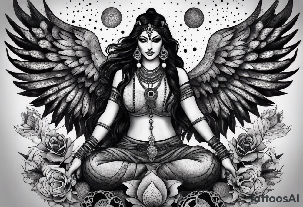 black kali, goddess pirate, alien, angel, pachamama, valkrye, warrior, flying, skull, lotus azul, wing, eagle, zenza resonance, stars, 5D, anahata chakra, death, durga, riding on a tiger, flying lady, kundalini, chest tatoo, samuri, rebel, serpent tattoo idea