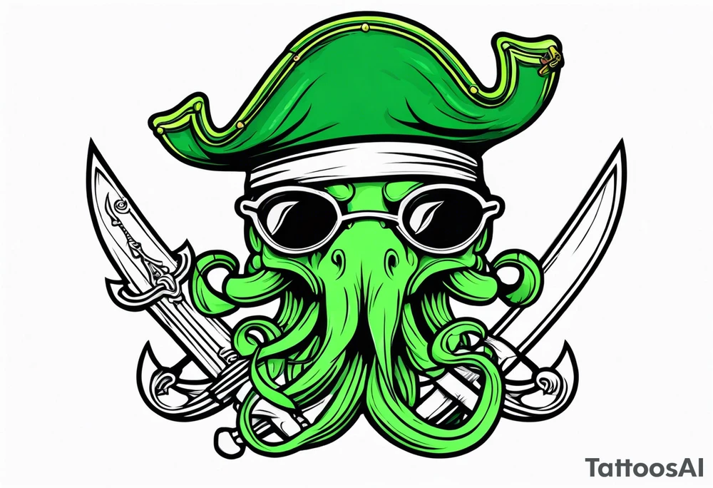green pirate squid with eyepatch holding sword and anchor tattoo idea
