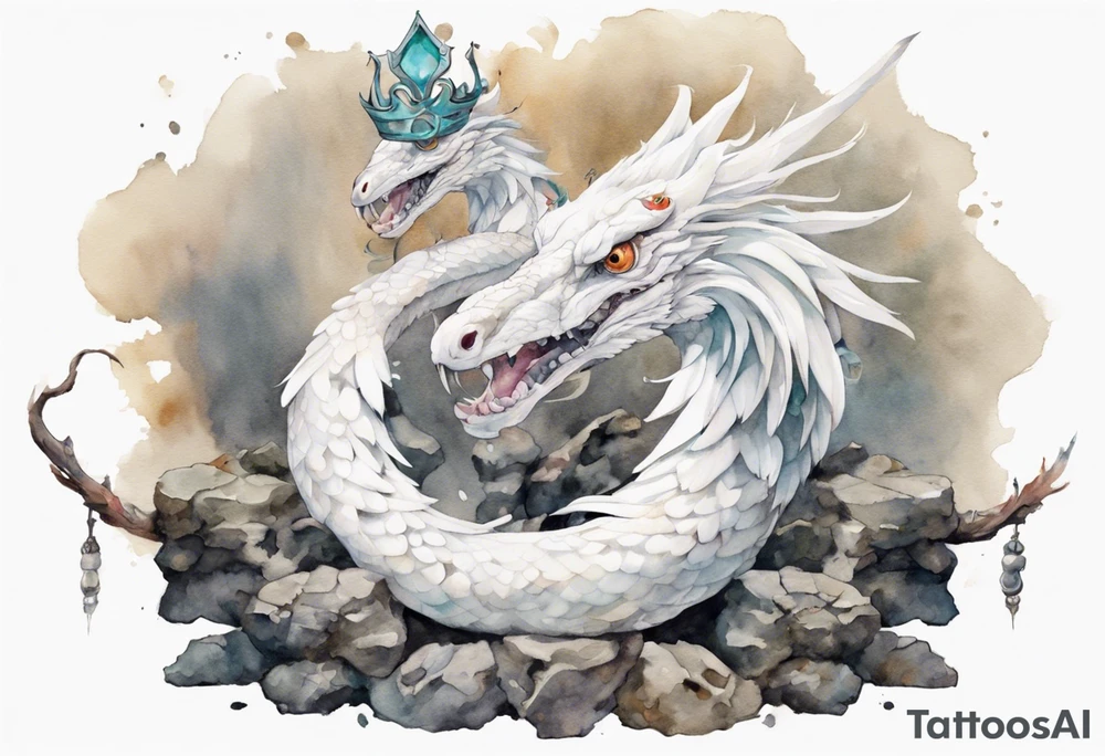 a white bird-serpent hybrid, wearing a iron crown, sitting on a stone tattoo idea