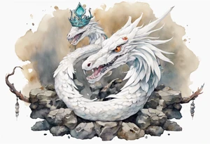 a white bird-serpent hybrid, wearing a iron crown, sitting on a stone tattoo idea