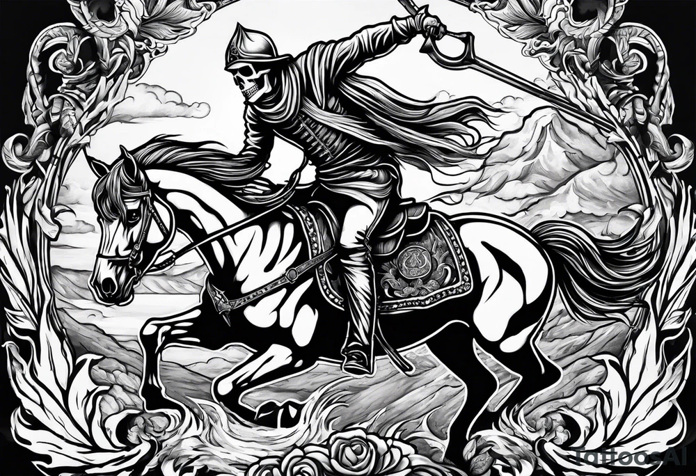Skeleton riding a horse on fire tattoo idea