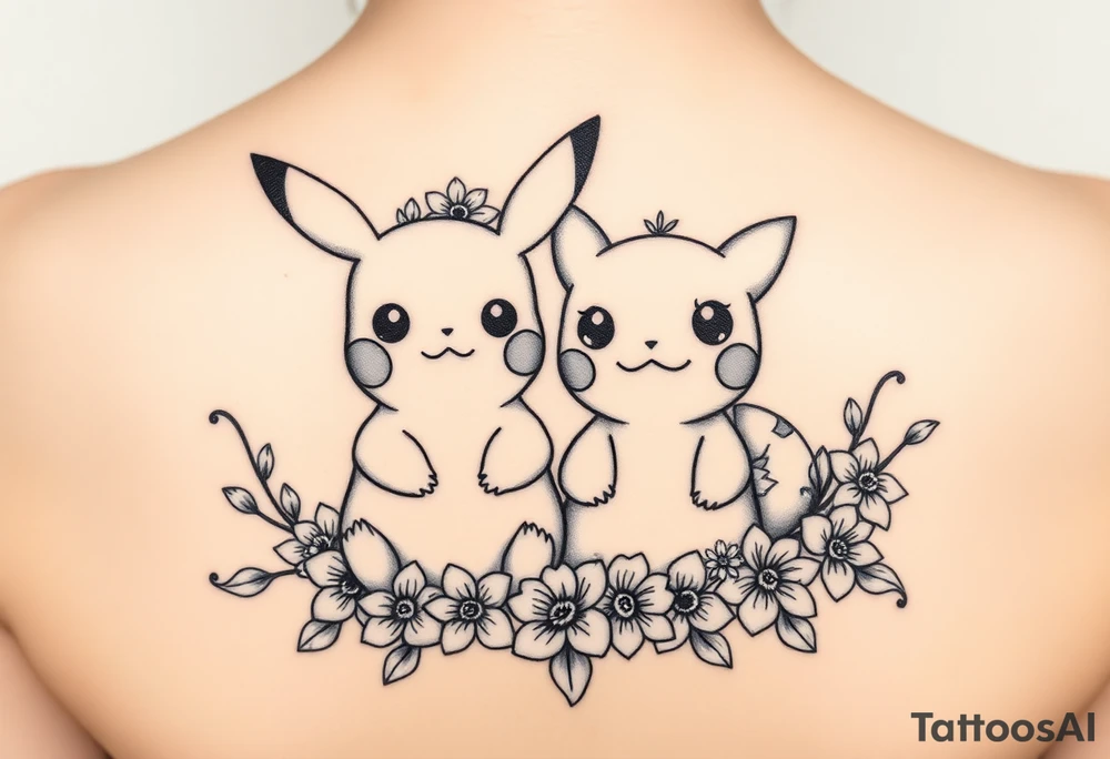 Pikachu and Bulbasaur together surrounded by a flower crown made up of daffodils and narcissus flowers tattoo idea