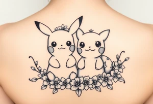 Pikachu and Bulbasaur together surrounded by a flower crown made up of daffodils and narcissus flowers tattoo idea