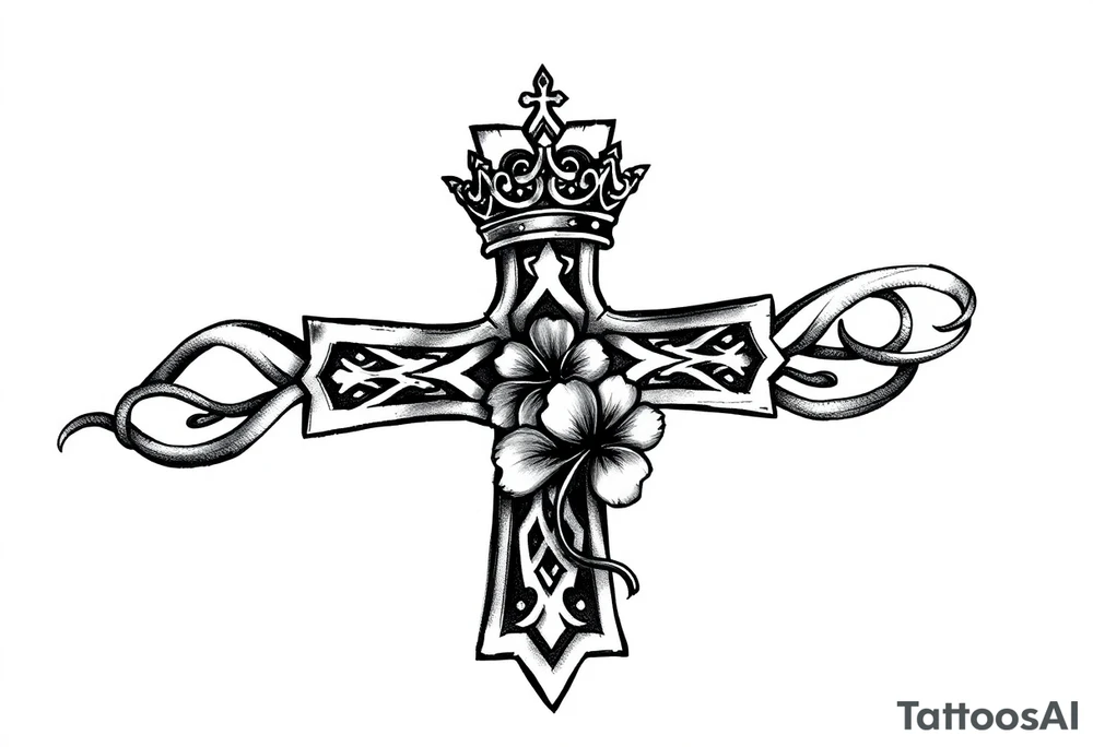 a small celtic cross with a crown and a clover tattoo idea
