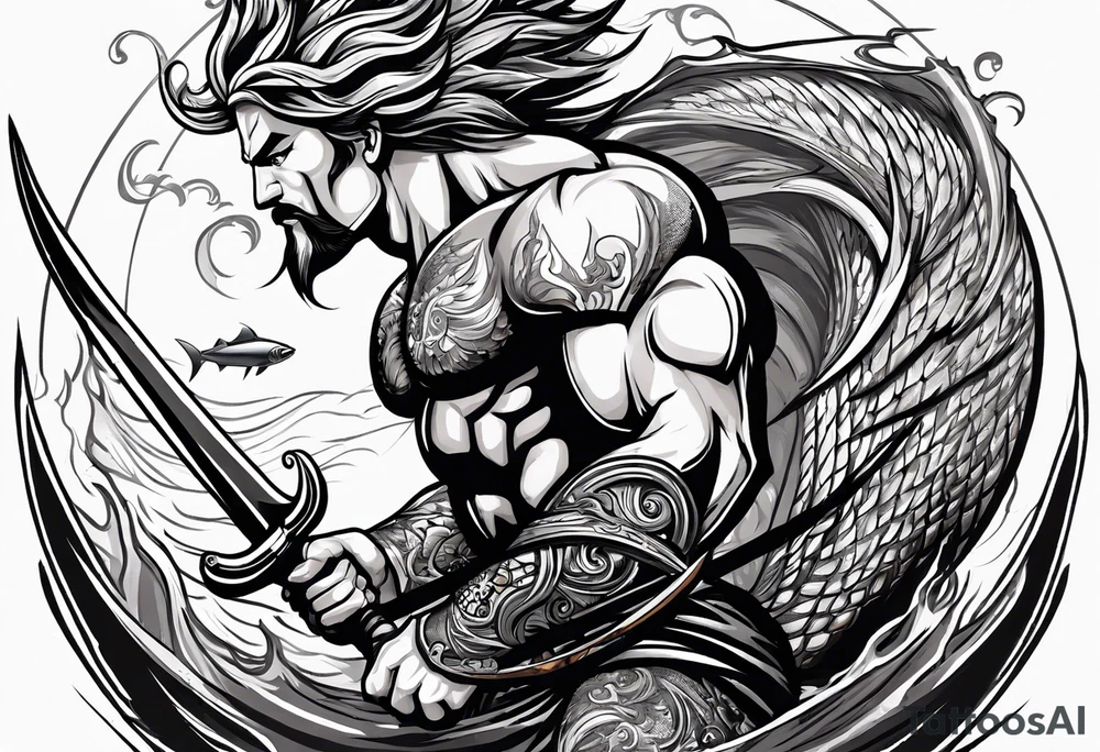 muscular
god 
posideon fighting a sport fish with a trident tattoo idea