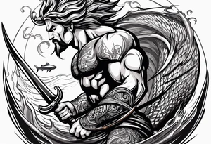 muscular
god 
posideon fighting a sport fish with a trident tattoo idea