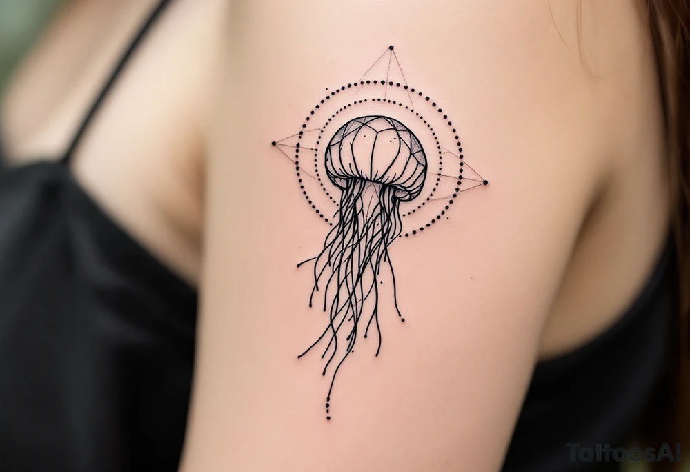 small, minimal fine-line tattoo, single jellyfish, sacred geometry surround, dotwork patterns, jellyfish bell dome, flowing tentacles, trailing streamers, geometric mandala, radiating dotwork, minimalist design, black grey lines, soft shading, no outlines, geometric frame, organic jellyfish form, upper arm shoulder placement, light airy feel, delicate linework, geometric backdrop, clean lines, radiating patterns, simple jellyfish centerpiece, minimalist, psychedelic tattoo idea