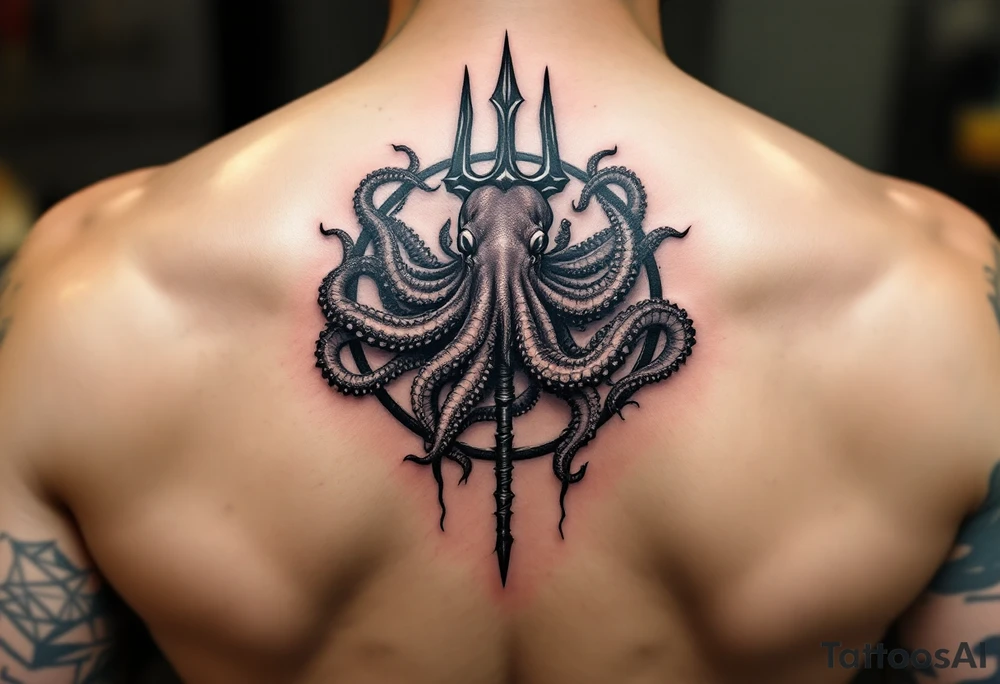 giant squid around a trident tattoo idea