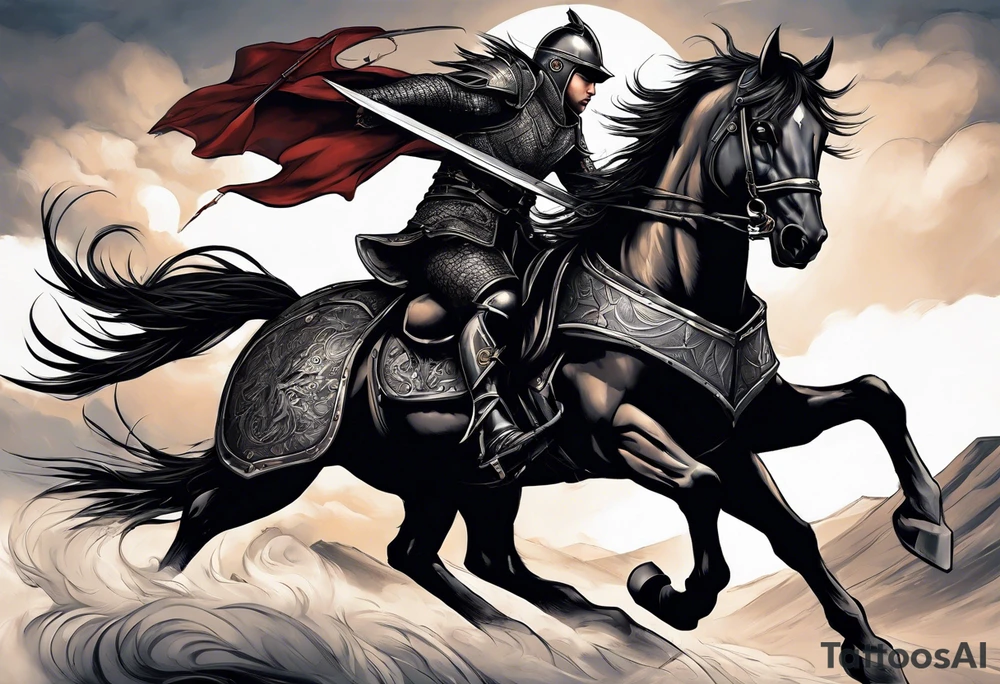 A night on a horse who is killing a dragon with a lance. He has a shield that has a crest with ravens on it. It will go on my right upper arm. Make the style American traditional tattoo idea