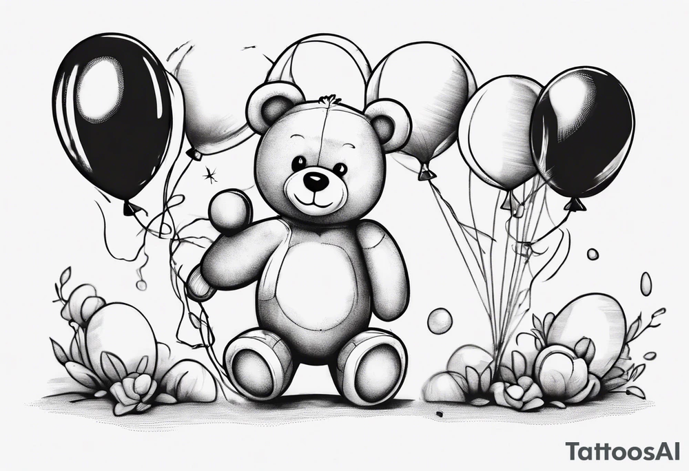Teddy bear holding on to balloons and wearing a T-shirt tattoo idea