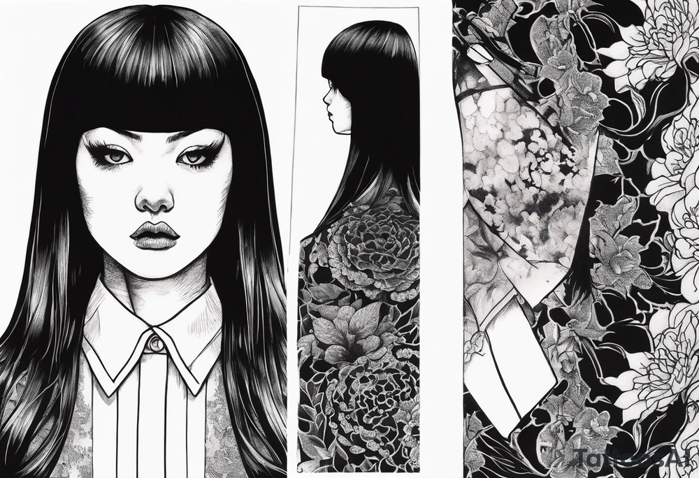 portrait of tomie a character by the horror author junji ito full body standing menacingly.  a mole below her left eye.  add more horror and gore elements tattoo idea