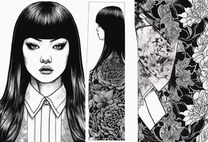 portrait of tomie a character by the horror author junji ito full body standing menacingly.  a mole below her left eye.  add more horror and gore elements tattoo idea