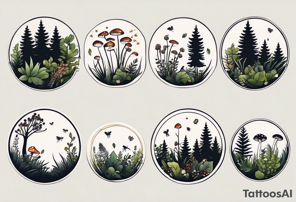 minimalistic forest floor inspired tattoo, which includes grass, moss, curly ferns and dead leaves as the bulk of the tattoo. details to include: forest berries, couple of very small brown mushrooms, a tiny bumblebee flying nearby tattoo idea