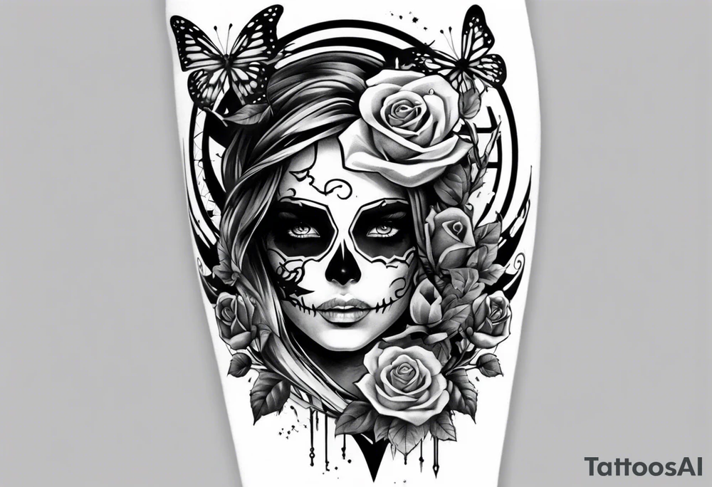 A sleeve tattoo whose elements seem to be connected into one story. Elements on the tattoo: a skull with a rose sticking out of the eye, plants, a girl’s face turning into roots, a destroyed old chain, a broken sword, a butterfly and you can add some connecting elements tattoo idea