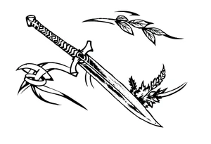 Armband tattoo combining a Celtic knot with a sword and nature tattoo idea