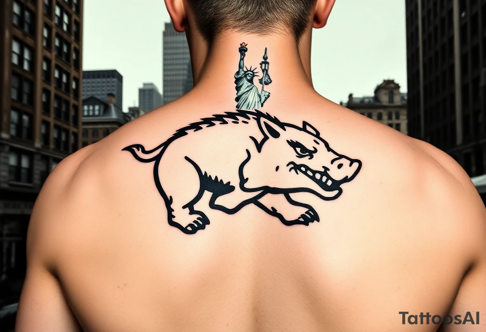 Arkansas razorback logo running through the streets of New York City towards me head on with the Statue of Liberty in the background and Empire State Building tattoo idea
