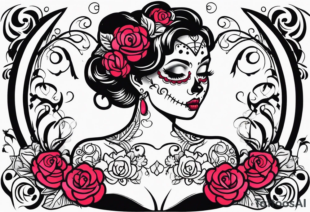 chest tattoo, from shoulder to shoulder, covering lover part of the neck. contains skulls, roses and muertos style girls tattoo idea