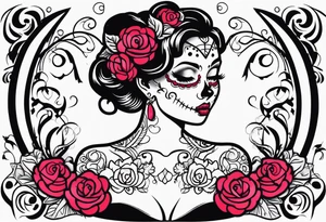 chest tattoo, from shoulder to shoulder, covering lover part of the neck. contains skulls, roses and muertos style girls tattoo idea