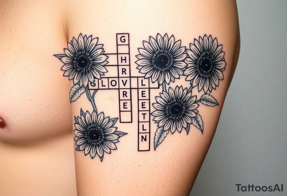 Crossword puzzle with sunflowers with names Gloria, ariel, herbert, camila, kenny tattoo idea