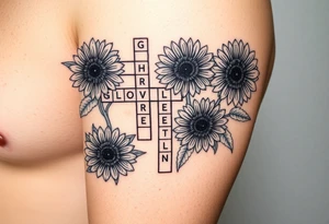 Crossword puzzle with sunflowers with names Gloria, ariel, herbert, camila, kenny tattoo idea