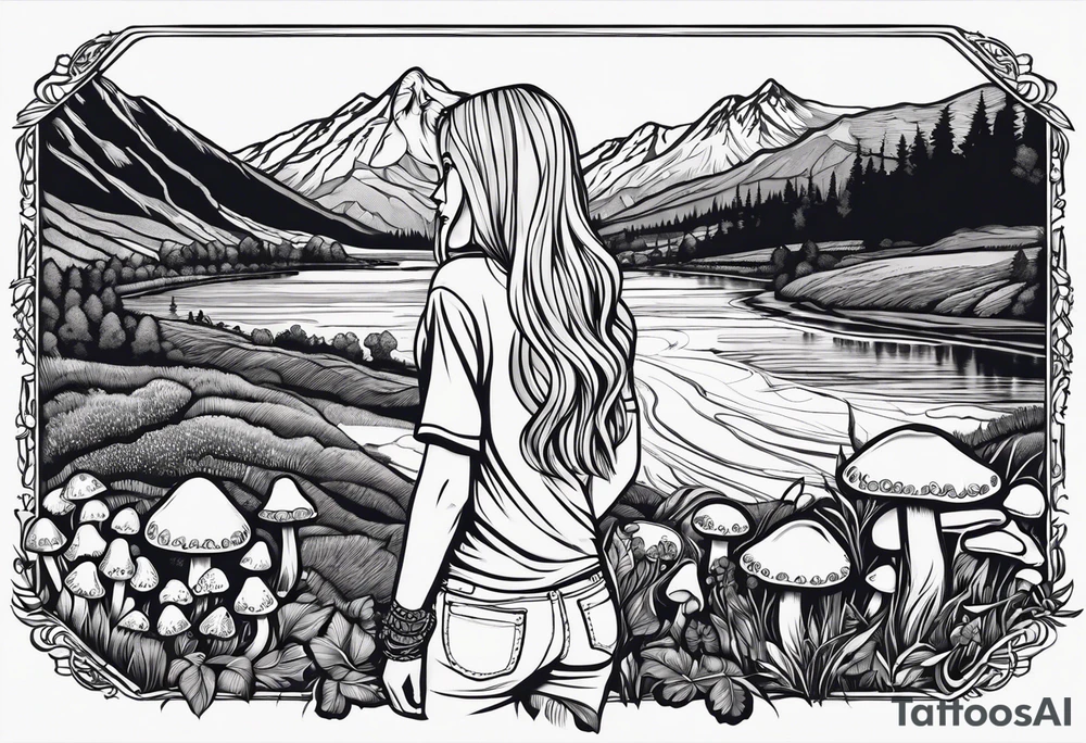 Straight long blonde hair hippie girl in distance holding mushrooms in hand facing away toward mountains and creek surrounded by mushrooms tee shirt and hiking pants tattoo idea