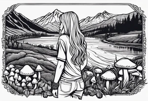 Straight long blonde hair hippie girl in distance holding mushrooms in hand facing away toward mountains and creek surrounded by mushrooms tee shirt and hiking pants tattoo idea