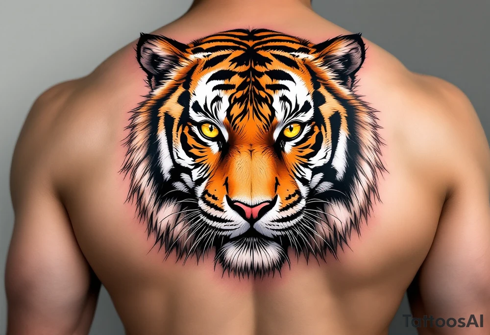 A full body tiger with piercing yellow eyes, fur detailed in deep orange, white, and jet black stripes include shadows as well tattoo idea