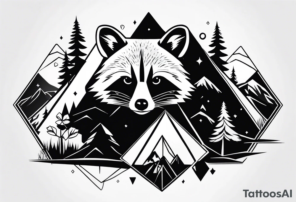 Raccoon in nature in shape of long diamond tattoo idea