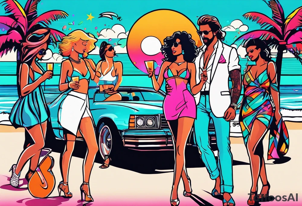 1980's miami vice style beach dance 
party, include confetti, music notes, boom box, bikinis sunset in the center tattoo idea