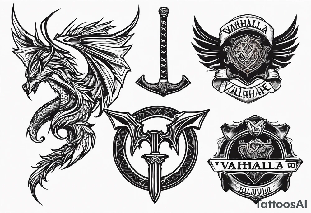 Valhalla sword shield dragon axe valkyrie tattoo idea