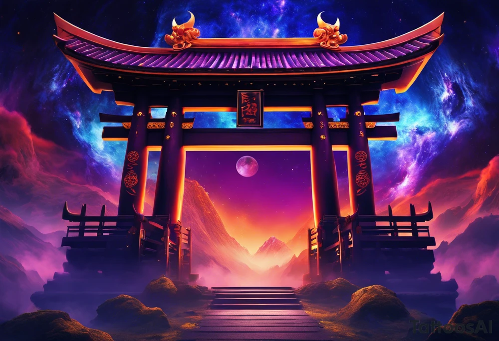 torii gate in biomechanical style in background.

Dominant demonic figure, formidable face with royal king features, has a evil grin and a bit of open mouth with glimpse of devil fang teeth, similar to skull features, framed by deep-set glowing galaxy eyes, head has prominent purple deep blue flames (Not standalone horns) with intricate recognizable swirling galaxy shaped textures with fiery peacock blue green turquoise colour highlights. 

face has peacock feather texture. face is 85%, gate is 15%. tattoo idea