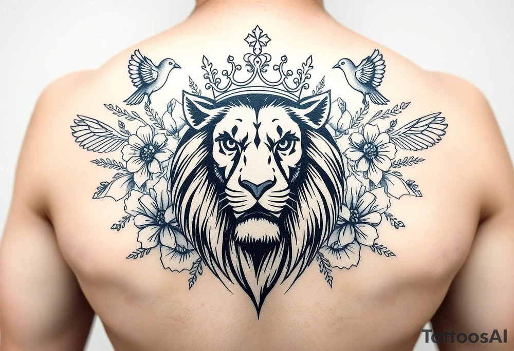 powerful majestic lion with a crown, surrounded by floral ornaments and birds tattoo idea