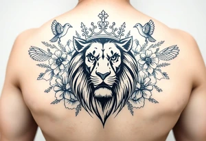 powerful majestic lion with a crown, surrounded by floral ornaments and birds tattoo idea