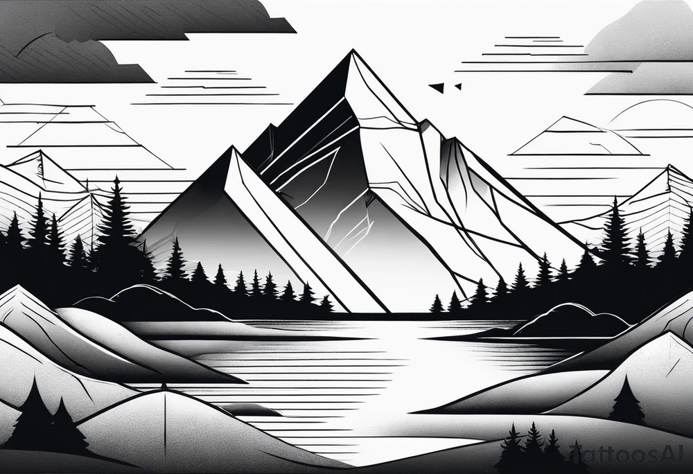 A minimalistic image of a mountain landscape enclosed in a triangle. Clear lines, one or two layers for depth. tattoo idea