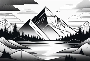 A minimalistic image of a mountain landscape enclosed in a triangle. Clear lines, one or two layers for depth. tattoo idea