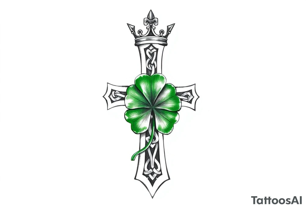 a small celtic cross with a crown and a green four leaf clover tattoo idea