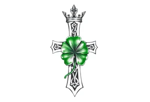 a small celtic cross with a crown and a green four leaf clover tattoo idea