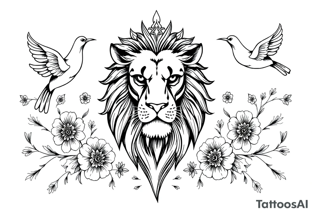 powerful majestic lion with a crown, surrounded by floral ornaments and birds tattoo idea