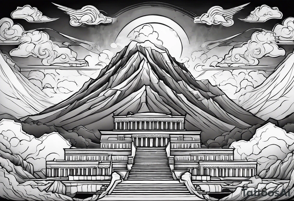a depiction of Mount Olympus, the home of the gods, complete with towering clouds and the grandeur of the gods' palaces. Zeus, the king of the gods, could be featured with his lightning bolt, or you might choose to include Athena, goddess of wisdom, in full battle armor. tattoo idea