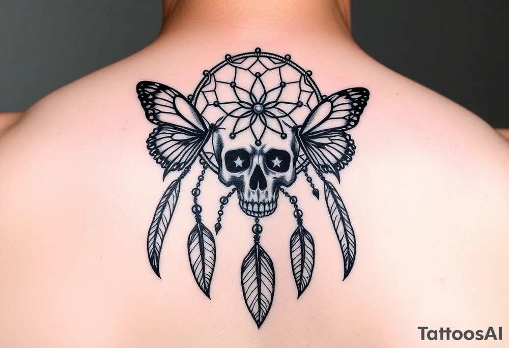 Small Dreamcatcher with butterfly's and skull tattoo idea
