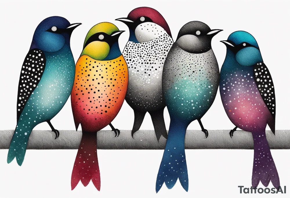 Seven small, colorful birds tattoo idea