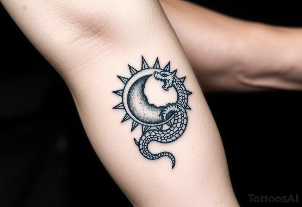 sun and moon in constellation with dragon pattern tattoo idea
