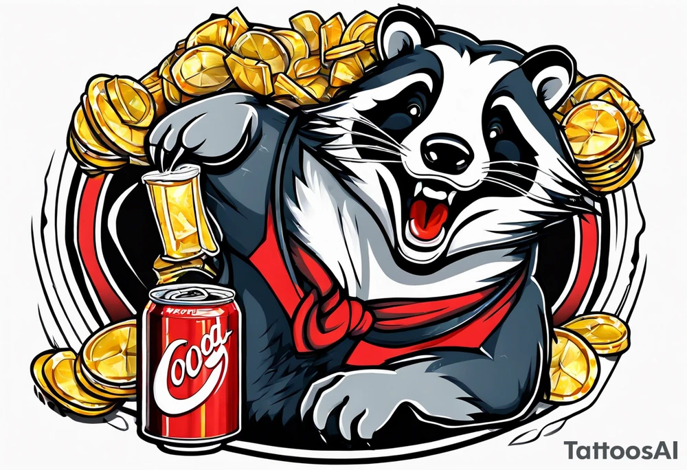 badger with mouth open with soda can and chips in hands tattoo idea
