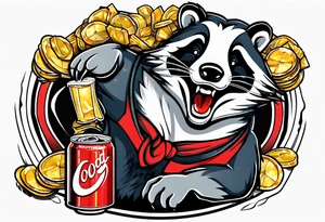 badger with mouth open with soda can and chips in hands tattoo idea